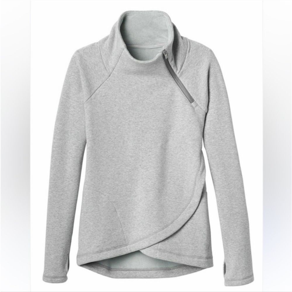 Athleta Cozy Karma Asym Asymmetrical Zip Sweatshirt Sz XSMALL Ivory/Grey - Picture 2 of 12